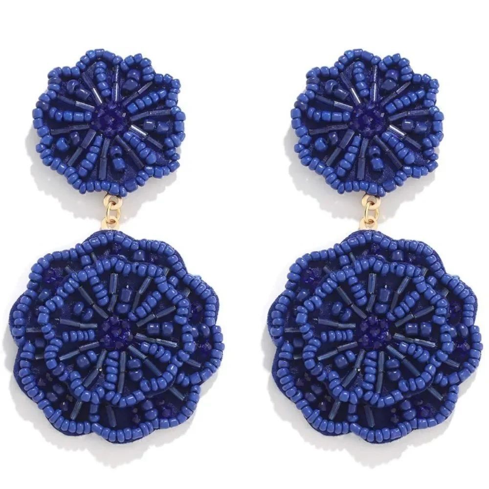 Navy Blue Beaded Double Flower Boho Dangling Drop Statement Post Back Earrings